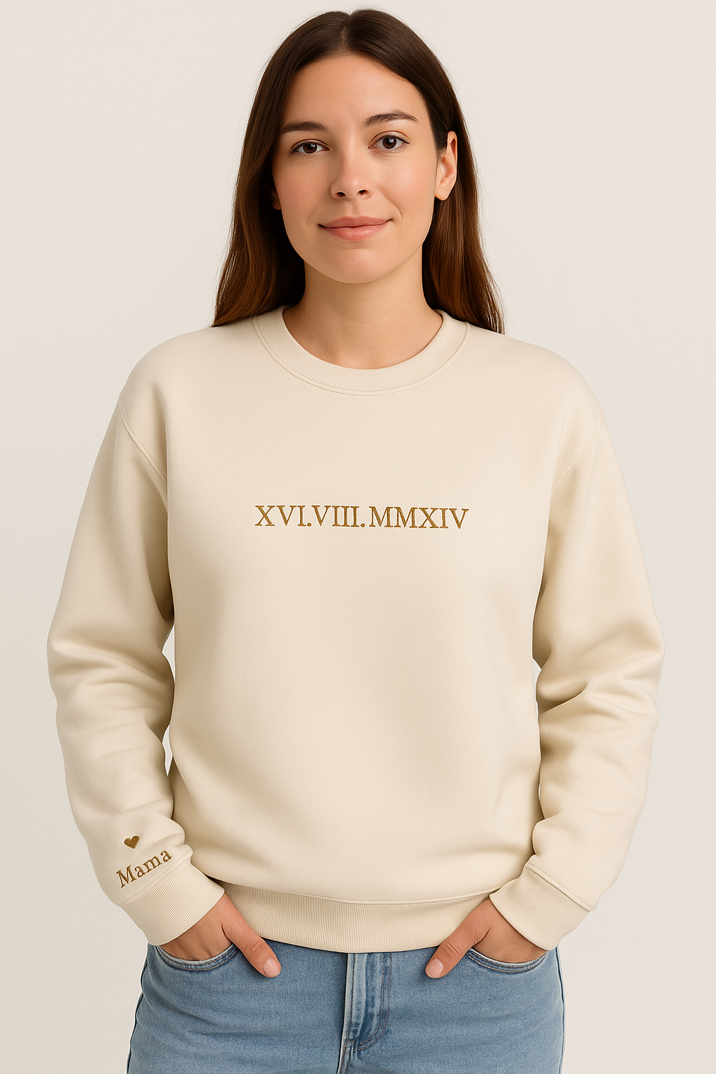 Frauen Sweatshirt mit Stickerei Römische Zahlen – Personalisierbar